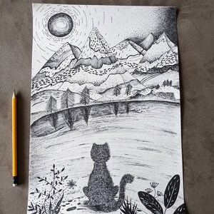 Original Katze Tinte Zeichnung, Berge und Katzen Liebhaber Geschenk, Einzelstück schwarz-weiß Illustration, Tier Wand Kunst Dekor Bild 9