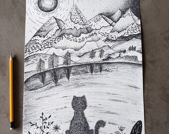 May include: Black and white pen and ink drawing of a cat sitting in front of a mountain landscape. The cat is looking out at the mountains, which are drawn with a stippled effect. The sun is shining in the sky above the mountains.