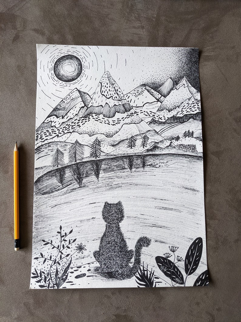 Original Katze Tinte Zeichnung, Berge und Katzen Liebhaber Geschenk, Einzelstück schwarz-weiß Illustration, Tier Wand Kunst Dekor Bild 9