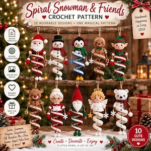 May include: A digital crochet pattern titled Spiral Snowman & Friends featuring 10 hanging ornaments including Santa, a snowman, penguin, gingerbread person, elf, reindeer, Mrs. Claus, gnome, angel, and polar bear, all with spiral bodies.