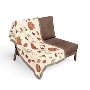 Autumn Pumpkin Pattern Woven Blanket | Fall Leaves, Mushrooms, Cozy Throw