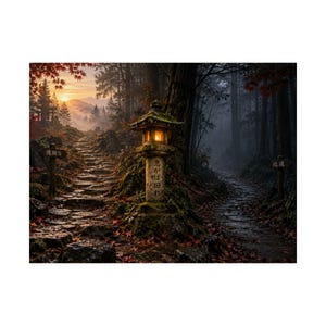 Könnte beinhalten: Eine steinerne Laterne mit leuchtendem Licht steht an einer Weggabelung in einem Wald. Der linke Pfad führt in Richtung Sonnenuntergang und ist mit einem Schild 遠回り markiert. Der rechte Pfad führt in einen dunklen Wald, markiert mit einem Schild 近道. Die Laterne trägt den Text 急がば回れ.