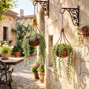May include: Two rustic, weathered brown metal hanging planters suspended by chains from ornate, scroll-work wall brackets. Each bowl-shaped planter contains trailing green succulents, including string of pearls and rosette-shaped varieties.