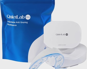 May include: A blue storage pouch labeled QuietLab PRO Adjustable Anti-Snoring Mouthpiece, a white user guide booklet, and a clear, flexible dental mouthpiece with a white storage case. The items are presented together as a complete set.
