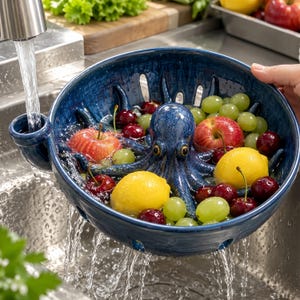 May include: A deep blue ceramic colander featuring a sculpted octopus at the center, designed with drainage holes along the sides and a side spout. The bowl is filled with fresh red apples, yellow lemons, and green grapes being rinsed under water.