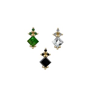 May include: Three stud earrings in gold metal, each featuring a central square-cut gemstone topped with three smaller round stones. One earring has green stones, one has clear white stones, and one has black stones, all set in a vertical arrangement.