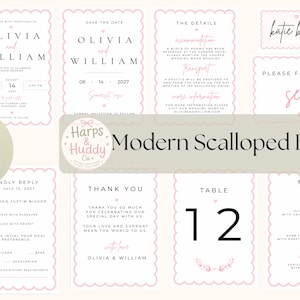 Op de afbeelding: Een negendelige set trouwkaarten met geschulpte randen en roze accenten. De set bevat uitnodigingen, save-the-date kaarten, detailkaarten, zitplannen, bedankkaartjes, tafelnummers en menu's met zwarte schreefletters en cursieve tekst.