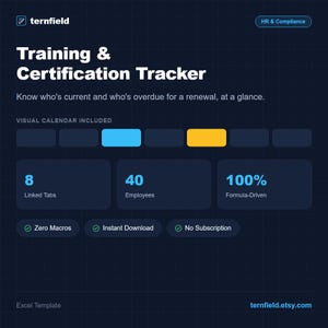 Op de afbeelding: Een donkerblauw digitaal trainings- en certificeringstracker-sjabloon met de tekst 'Know who's current and who's overdue for a renewal, at a glance.' Het toont 8 gekoppelde tabbladen, 40 werknemers, 100% formulegestuurd, nul macro's, directe download en geen abonnement.