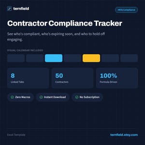 May include: A dark blue digital Contractor Compliance Tracker Excel template by ternfield. It features a visual calendar, 8 linked tabs, 50 contractors, 100% formula-driven data, zero macros, instant download, and no subscription requirements.