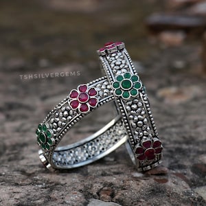 Oxidized Silver Ruby Green Bangle Set, Indian Floral Stone Kada Bracelets, Ethnic Emerald Pink Bangles, Traditional Jewelry Gift for Her