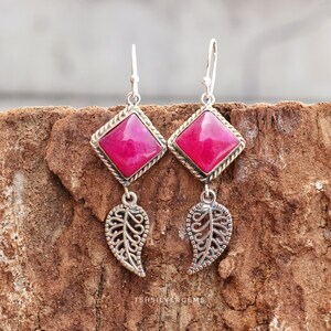 Indian Ruby Leaf Dangle Earrings, 925 Starling Silver Earring, Boho Leaf Earrings, Nature Inspired Statement Jewelry