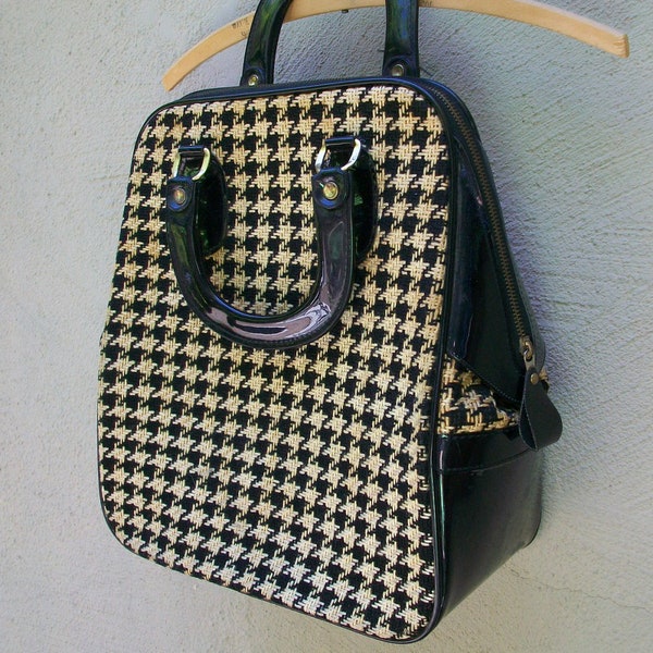 Vintage 1960's Houndstooth and Patent Leather Carry All Hand bag