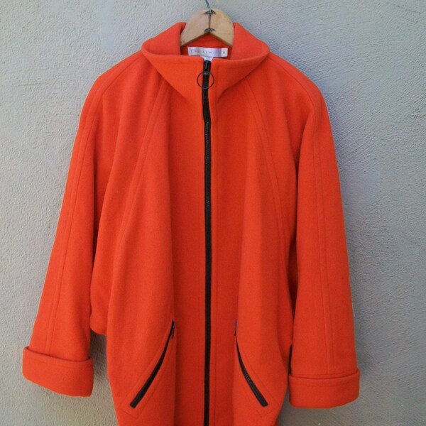 Vintage 90's Minimalist Wool Coat // Bright Winter Coat // Cocoon Coat // Orange // M