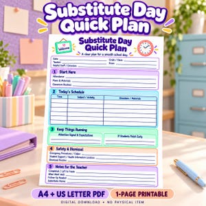 May include: A printable Substitute Day Quick Plan document featuring sections for teacher details, daily schedules, classroom routines, safety procedures, and notes. The form includes a clock icon, a welcome sign, and numbered steps for organization.