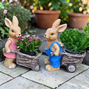 Op de afbeelding: Twee lichtbruine konijnenfiguren die elk een bruine kruiwagen met vlechtwerkstructuur als plantenbak voortduwen. Het ene konijn draagt een roze jurk, het andere een blauwe tuinbroek. De kruiwagens bevatten kleine potplanten met groene bladeren.