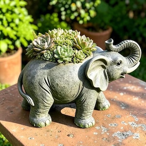 May include: A gray ceramic elephant-shaped planter with a textured finish, featuring a raised trunk and large ears. The hollow back of the elephant contains a cluster of various green and light-tipped succulent plants growing from the opening.