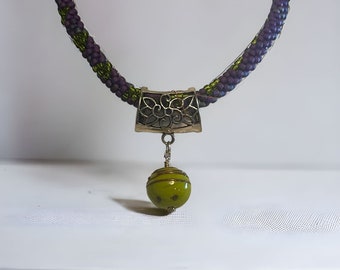 Purple & Green Beaded Necklace with Gorgeous Green Lampwork Drop Bead