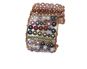 Beaded Wire Cuff Bracelet with Colorful Glass Pearl Beads