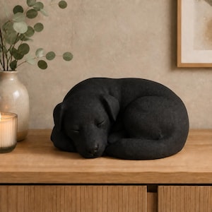 Puede incluir: Una escultura de color negro mate de un perro acurrucado en posición de dormir. El perro tiene rasgos suaves y redondeados, con la cabeza apoyada sobre sus patas delanteras y los ojos cerrados. La escultura es de color sólido y mate.