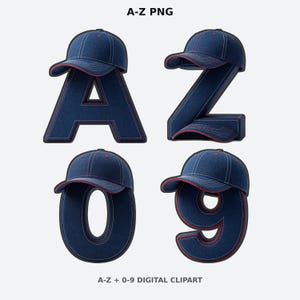 Könnte beinhalten: Digitale Cliparts mit den Buchstaben A und Z sowie den Zahlen 0 und 9 in dunkelblauer Jeans-Optik mit roten und weißen Nähten. Jeder Buchstabe und jede Zahl trägt eine passende Baseballkappe aus Jeansstoff. Text A-Z PNG und A-Z + 0-9 DIGITAL CLIPART.