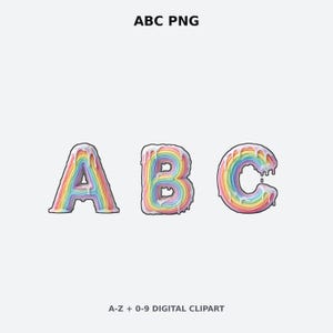 May include: Digital graphic featuring the letters A, B, and C rendered in a rainbow-colored, multi-layered style with a white icing-like drip effect. The text ABC PNG appears at the top, and A-Z + 0-9 DIGITAL CLIPART is at the bottom.