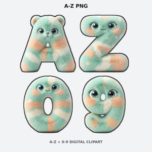 May include: Digital clipart featuring the letter A, the number 2, the number 0, and the number 9. Each character is rendered with a fuzzy, mint green and peach-colored texture, large expressive eyes, and a dark outline. Text reads A-Z PNG and A-Z + 0-9 DIGITAL CLIPART.
