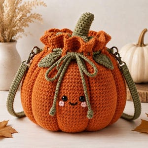 May include: A round, orange crochet pumpkin bag with a green stem and drawstring closure. The bag features a smiling face with black eyes and pink cheeks, green leaf accents, and a matching green crochet shoulder strap attached with metal clips.