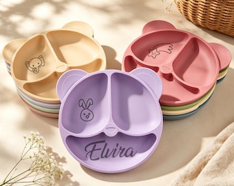 Baby Shower Gift Idea, Personalized Bear Silicone Feeding Plate, Custom‑Named Cute Toddler Dinnerware Present.