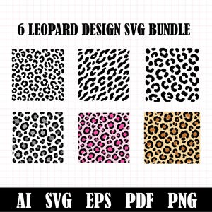 Op de afbeelding: Een digitaal pakket met 6 luipaardprintontwerpen met het label 6 LEOPARD DESIGN SVG BUNDLE. De collectie bevat drie zwart-witpatronen, één grijs en zwart, één roze en zwart en één beige en bruin. Bestandsformaten AI, SVG, EPS, PDF, PNG.