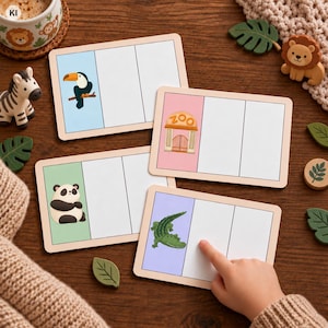 May include: Four rectangular educational cards with light wood frames, each featuring a coloured section with a cartoon illustration of a toucan, a zoo entrance, a panda, or a crocodile, alongside two blank white sections for writing or drawing.
