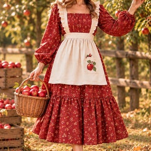May include: A long-sleeved red dress with a small white floral pattern, featuring a square neckline and ruffled shoulder straps. A beige apron with a single apple illustration is worn over the dress. The outfit includes a brown hat and brown boots.