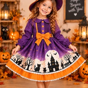 Puede incluir: Un vestido morado de manga larga con cuello redondo y tres botones. La falda presenta un estampado de casa encantada, un gato negro y luna llena. Un lazo naranja decora la cintura, junto a un sombrero de bruja morado a juego con lazo naranja.