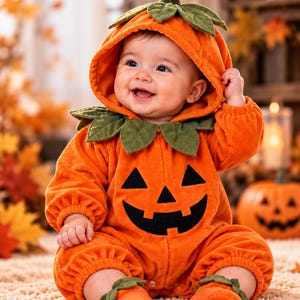 May include: A bright orange pumpkin-themed onesie featuring a hood with a green stem and leaf accents. The front displays a black jack-o'-lantern face with triangular eyes and a jagged mouth. The outfit includes matching orange booties with green leaf details.