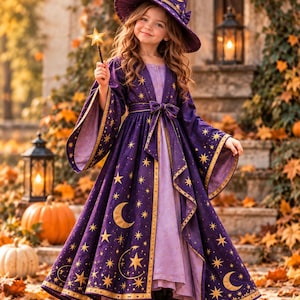 Peut inclure: Un costume de sorcière violet composé d'une longue robe à motifs d'étoiles et de croissants de lune dorés, d'un chapeau pointu assorti et d'une sous-robe lilas. La robe présente des manches évasées, une ceinture et des bottes noires.