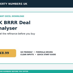 May include: A digital product graphic for a UK BRRR Deal Analyser Excel download. The text reads Property Numbers UK, Instant Excel Download, UK BRRR Deal Analyser, Model the refinance before you buy, £8.99, UK Friendly, Formula Driven, Clear Inputs, Quick Start Guide, and Know your numbers before you offer.