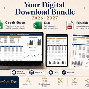 Puede incluir: Un paquete de descarga digital para 2026-2027 que muestra un panel de negocios en una computadora portátil, tableta y documento impreso. Incluye formatos de Google Sheets, Excel y PDF para rastrear ingresos, gastos y ganancias.