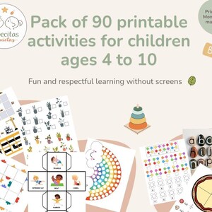 May include: A collection of 90 printable activity sheets for children aged 4 to 10, featuring educational tasks like counting, matching, and colouring. The pages include illustrations of construction sites, plants, yoga poses, rainbows, and alphabet stones.