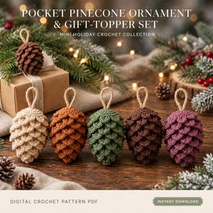 Virkad tallkotte-ornament i PDF-format, juldekorationer i skogsmark i 5 färger, presenttopp och påseberlock digital nedladdning