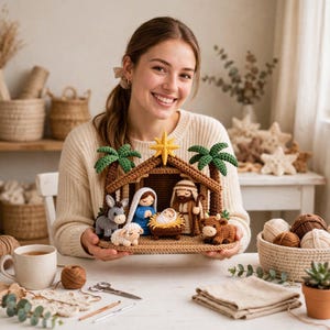 May include: A crochet nativity scene set featuring a brown stable with a yellow star on top, two green palm trees, and figures of a person in blue, a person in brown, a baby in a manger, a grey donkey, a white sheep, and a brown cow.