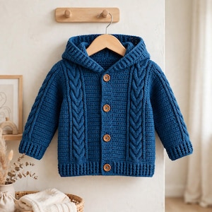 May include: A deep blue long-sleeve hooded cardigan featuring a vertical cable knit pattern on the front panels and sleeves. The garment has a ribbed hem and cuffs, and is fastened down the center with four round, light brown wooden buttons.