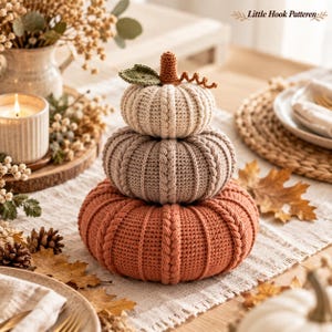 Può includere: Una pila di tre zucche all'uncinetto nei colori crema, beige e arancione bruciato. Ogni zucca presenta un motivo a trecce testurizzato, coste verticali e un piccolo stelo marrone. La zucca superiore ha una foglia verde e un viticcio riccio.