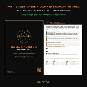 Puede incluir: Un programa y registro de entrenamiento 5x5 Starter Strength con un gráfico de barra de pesas, un calendario de 12 semanas e instrucciones de entrenamiento. El diseño incluye secciones para progresión, sesiones y seguimiento RPE en A4 y US Letter.