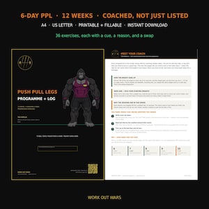 May include: A digital fitness document titled PUSH PULL LEGS PROGRAMME + LOG featuring a gorilla illustration, workout instructions, and an RPE scale. The layout includes text, a QR code, and coaching notes on a black background with orange accents.