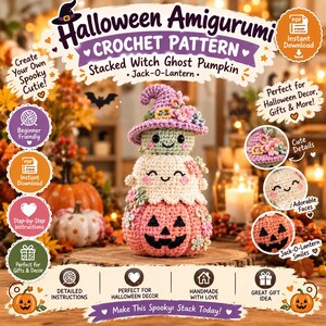 Halloween Amigurumi Crochet Pattern PDF, Stacked Witch Ghost Pumpkin, Jack-O-Lantern, Shell Stitch Pumpkin, Fall Decor