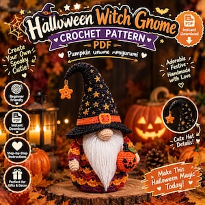Modèle PDF au crochet d'un gnome sorcière d'Halloween, gnome citrouille amigurumi, lanterne Jack O'Lantern, décoration d'automne au crochet, gnome chapeau de sorcière