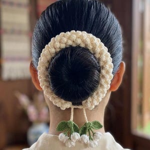 Crochet Gajra Hair Bun Wrap Pattern, Floral Popcorn Stitch, Adjustable Drawstring (PDF)