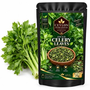 May include: A black pouch of Ceylon Herb House dried celery leaves with a net weight of 25g. The packaging features a graphic of fresh green celery stalks and a wooden bowl filled with dried herbs, with text including 100% Natural and Vegan Friendly.