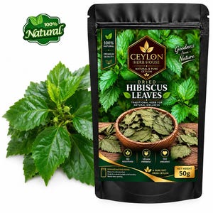 May include: A black pouch of Ceylon Herb House dried hibiscus leaves with a net weight of 50g. The packaging features green leaf imagery, a wooden bowl of dried leaves, and text including 100% Natural, Premium Quality, and Vegan Friendly.