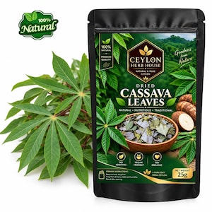 Puede incluir: Una bolsa negra vertical de hojas de yuca secas Ceylon Herb House con un peso neto de 25g. El envase presenta imágenes de hojas verdes, un cuenco de hojas secas y texto que incluye "100% Natural" y "Goodness from Nature."