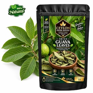 May include: A black stand-up pouch of Ceylon Herb House dried guava leaves. The label features a green guava fruit, a wooden bowl filled with dried leaves, and text including "100% Natural," "Dried Guava Leaves," and "Leaves Pack 50."